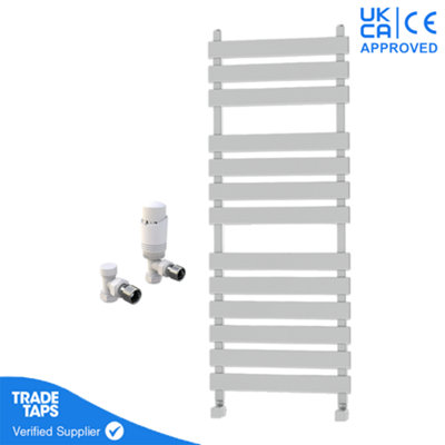 Designer Marvella White Flat Panel Towel Radiator Heated Ladder Rail - 1300 x 500mm - Angled TRV Valve Pair