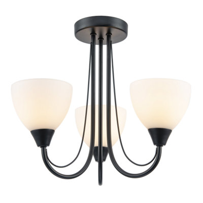 Designer Matte Black Three Arm Ceiling Light with Opal White Glass Shades