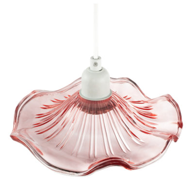 Designer Ribbed Rose Pink Glass Pendant Shade with Wavy Ruffled Edge