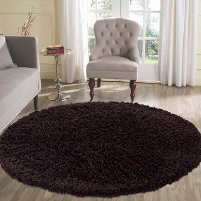 Desire Rugs Plain Living Room Shaggy Area Rugs Brown Round 120x120 cm