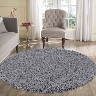 Desire Rugs Plain Living Room Shaggy Area Rugs Dark Grey Round 120x120 cm