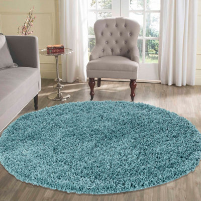 Desire Rugs Plain Living Room Shaggy Area Rugs Duckegg Round 120x120 cm