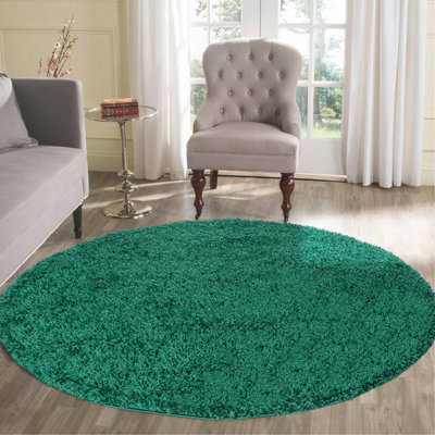 Desire Rugs Plain Living Room Shaggy Area Rugs Emerald Round 120x120 cm