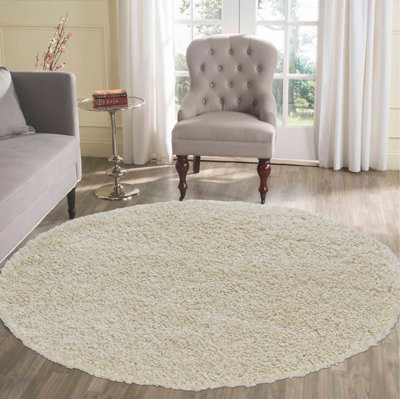 Desire Rugs Plain Living Room Shaggy Area Rugs Ivory Round 120x120 cm