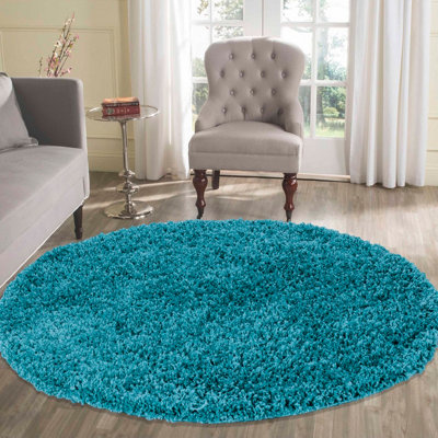 Desire Rugs Plain Living Room Shaggy Area Rugs Teal Round 120x120 cm