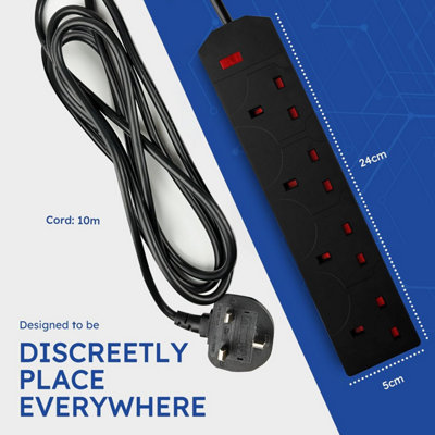 DESIRETECH Black 10 Meter Electric Extension Lead - 4 Gang, 3 Pin Cable ...