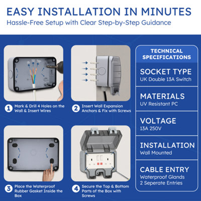 Desiretech Outdoor Double Switched Socket, 3m Cable IP66 Waterproof ...