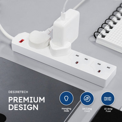 DESIRETECH White 1 Meter Electric Extension Lead - 4 Gang, 3 Pin Cable ...