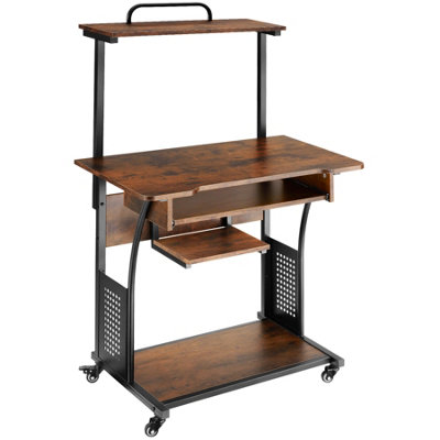 Desk Fife - 3 levels, attachable shelf and keyboard tray, 4 castors - Industrial wood dark, rustic