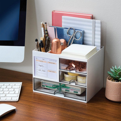 Desk Organiser with Memo Slot - Compact Stationery Holder with Drawers & Compartments