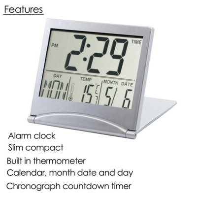 Desk Top Clock Silver Digital LCD Temperature Alarm NEW Office Day Clock