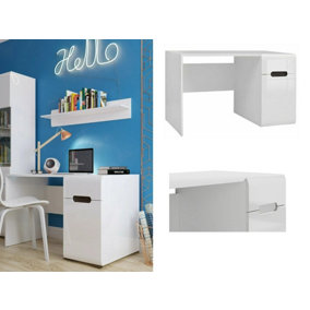 Desk with Drawer Computer Home Study Office Modern White Gloss Cabinet Storage WFH Azteca