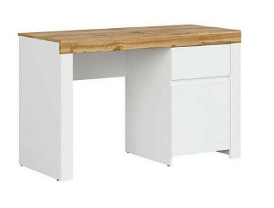 Desk with Drawer Storage Cupboard 130cm Wide Oak Effect Top White Gloss ...