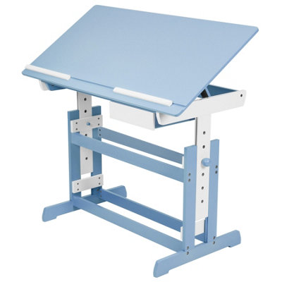 Desk - wooden, tiltable tabletop, 7 step height adjustable, with drawer - blue