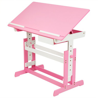 Desk - wooden, tiltable tabletop, 7 step height adjustable, with drawer - pink