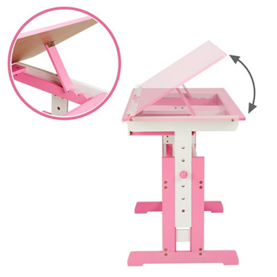 Desk - wooden, tiltable tabletop, 7 step height adjustable, with drawer - pink