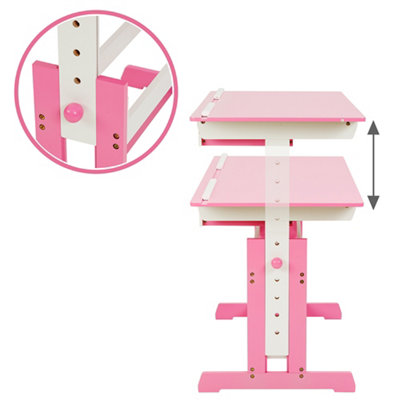 Desk - wooden, tiltable tabletop, 7 step height adjustable, with drawer - pink