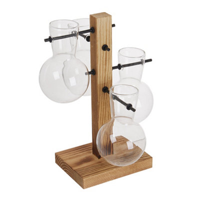 Desktop Wooden Plant Propagation Station with 4 Glass Bulb Vases