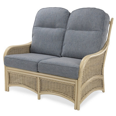 Desser Chelsea 2 Seater Conservatory Sofa with Atlantic Blue Cushions Natural Rattan