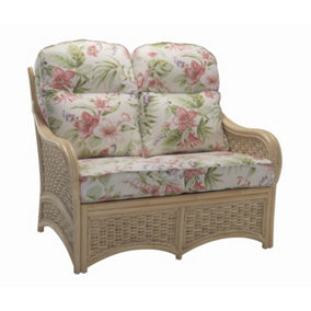 Desser Chelsea Natural Rattan 2 Seater Conservatory Sofa Real Cane Rattan Indoor Settee with UK Sewn Cushion in Blossom Fabric