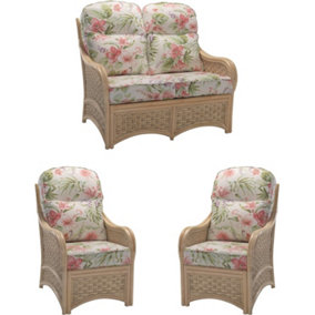 Desser Chelsea Natural Rattan 2 Seater Sofa & 2 Armchairs Indoor Real Cane Conservatory Suite w/ UK Sewn Cushions in Blossom