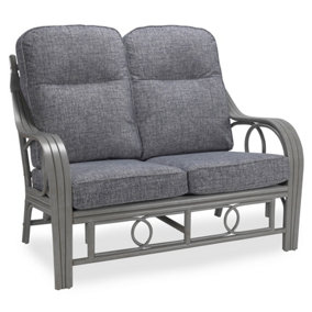 Desser Madrid Grey 2 Seater Conservatory Sofa Real Cane Rattan Indoor Settee with UK Sewn Cushion in Earth Grey