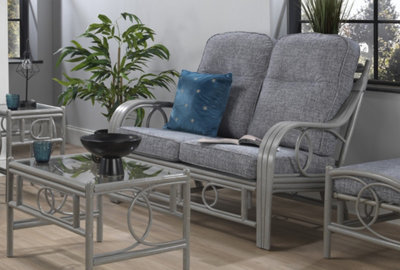 Desser Madrid Grey 2 Seater Conservatory Sofa Real Cane Rattan Indoor Settee with UK Sewn Cushion in Earth Grey