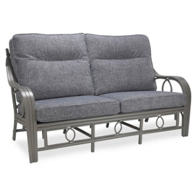 Desser Madrid Grey 3 Seater Conservatory Sofa Real Cane Rattan Indoor Sofa with UK Sewn Cushions in Earth Grey Fabric