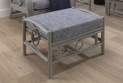 Desser Madrid Grey Footstool Real Cane Rattan Indoor Cushioned Footrest with UK Sewn Cushion Earth Grey