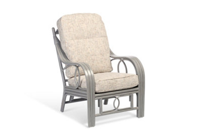 Desser Madrid Grey Natural Rattan Conservatory Armchair Real Cane Indoor Wicker Chair w/ UK Sewn Cushion in Farrow Fabric