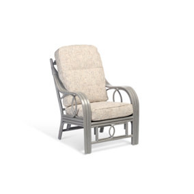 Desser Madrid Grey Natural Rattan Conservatory Armchair Real Cane Indoor Wicker Chair w/ UK Sewn Cushion in Farrow Fabric