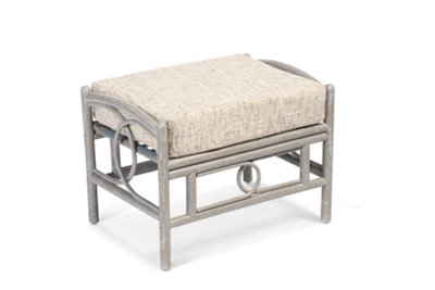 Desser Madrid Grey Natural Rattan Footstool Real Cane Indoor Cushioned Wicker Footrest with UK Sewn Cushion in Farrow Fabric