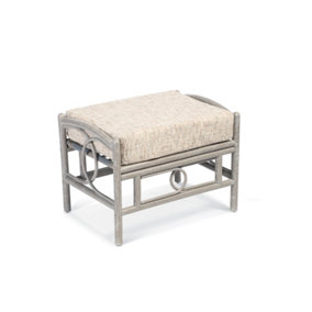 Desser Madrid Grey Natural Rattan Footstool Real Cane Indoor Cushioned Wicker Footrest with UK Sewn Cushion in Farrow Fabric