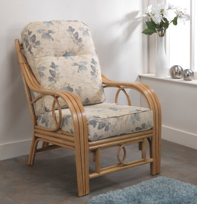 Desser Madrid Light Oak Conservatory Armchair Real Cane Rattan Indoor Chair with UK Sewn Cushion in Oasis Fabric