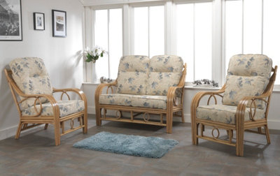 Desser Madrid Light Oak Conservatory Armchair Real Cane Rattan Indoor Chair with UK Sewn Cushion in Oasis Fabric