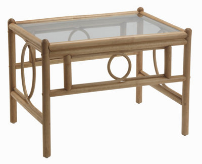 Desser Madrid Light Oak Natural Rattan Coffee Table with Glass Top Real Cane Wicker Tea Table - H46 x W73 x D52cm