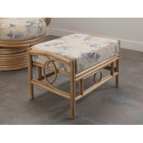 Desser Madrid Light Oak Natural Rattan Footstool Real Cane Indoor Cushioned Footrest with UK Sewn Cushion in Oasis Fabric