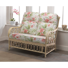 Desser Morley Natural Rattan 2 Seater Conservatory Sofa Real Cane Rattan Indoor Settee with UK Sewn Cushion in Blossom Fabric