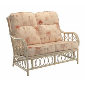Desser Morley Natural Rattan 2 Seater Conservatory Sofa Real Cane Rattan Indoor Settee with UK Sewn Cushion in Monet Fabric