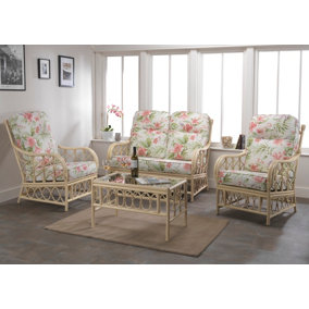 Desser Morley Natural Rattan 2 Seater Sofa & 2 Armchairs Indoor Real Cane Conservatory Suite w/ UK Sewn Cushions in Blossom Fabric