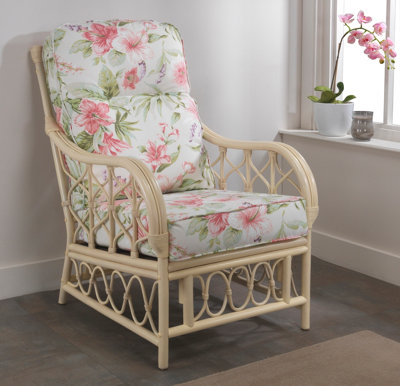 Desser Morley Natural Rattan Conservatory Armchair Real Cane Indoor Chair with UK Sewn Cushion in Blossom Fabric