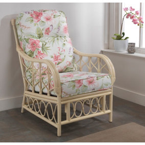 Desser Morley Natural Rattan Conservatory Armchair Real Cane Indoor Chair with UK Sewn Cushion in Blossom Fabric