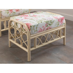 Desser Morley Natural Rattan Footstool Real Cane Indoor Cushioned Footrest with UK Sewn Cushion in Blossom Fabric