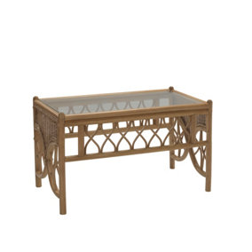 Desser Oslo Light Oak Natural Rattan Coffee Table with Glass Top Table Real Cane Wicker Tea Table - H49 x W79 x D48cm