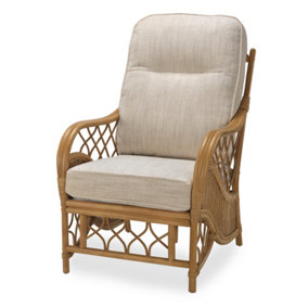 Desser Oslo Light Oak Natural Rattan Conservatory Armchair Real Cane Indoor Chair with UK Sewn Cushion in Jasper Fabric