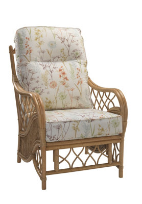 Desser Oslo Light Oak Natural Rattan Conservatory Armchair Real Cane Indoor Chair with UK Sewn Cushion in Mulberry Fabric
