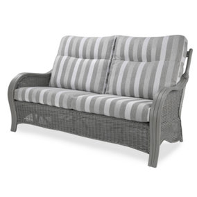 Desser Turin Grey 3 Seater Conservatory Sofa Real Cane Natural Rattan Indoor Sofa with UK Sewn Cushions in Duke Grey Stripe Fabric