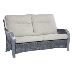 Desser Turin Grey 3 Seater Conservatory Sofa Real Cane Natural Rattan Indoor Sofa with UK Sewn Cushions in Pebble Fabric