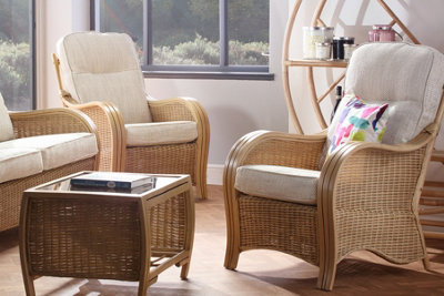 Desser Turin Light Oak Natural Rattan Conservatory Armchair Real Cane Indoor Wicker Chair w/ UK Sewn Cushion in Jasper Fabric