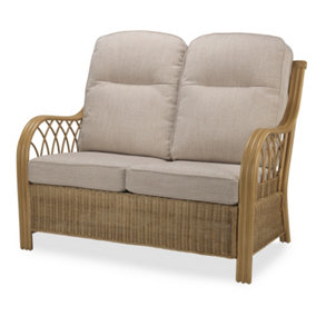 Desser Viola Light Oak Natural Rattan 2 Seater Conservatory Sofa Real Cane Rattan Indoor Settee with UK Sewn Cushion in Biscuit